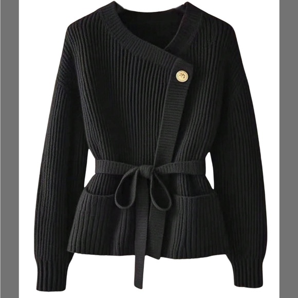 Sweaters - Women's Old Money Ribbed Knit Cardigan Long Sleeve Asymmetrical Belted Sweaters